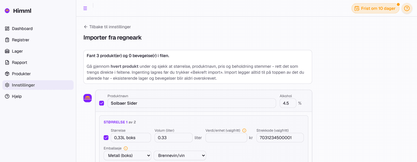 KI-import i Himml, med forslag til produkter, størrelser og emballasje klare til godkjenning